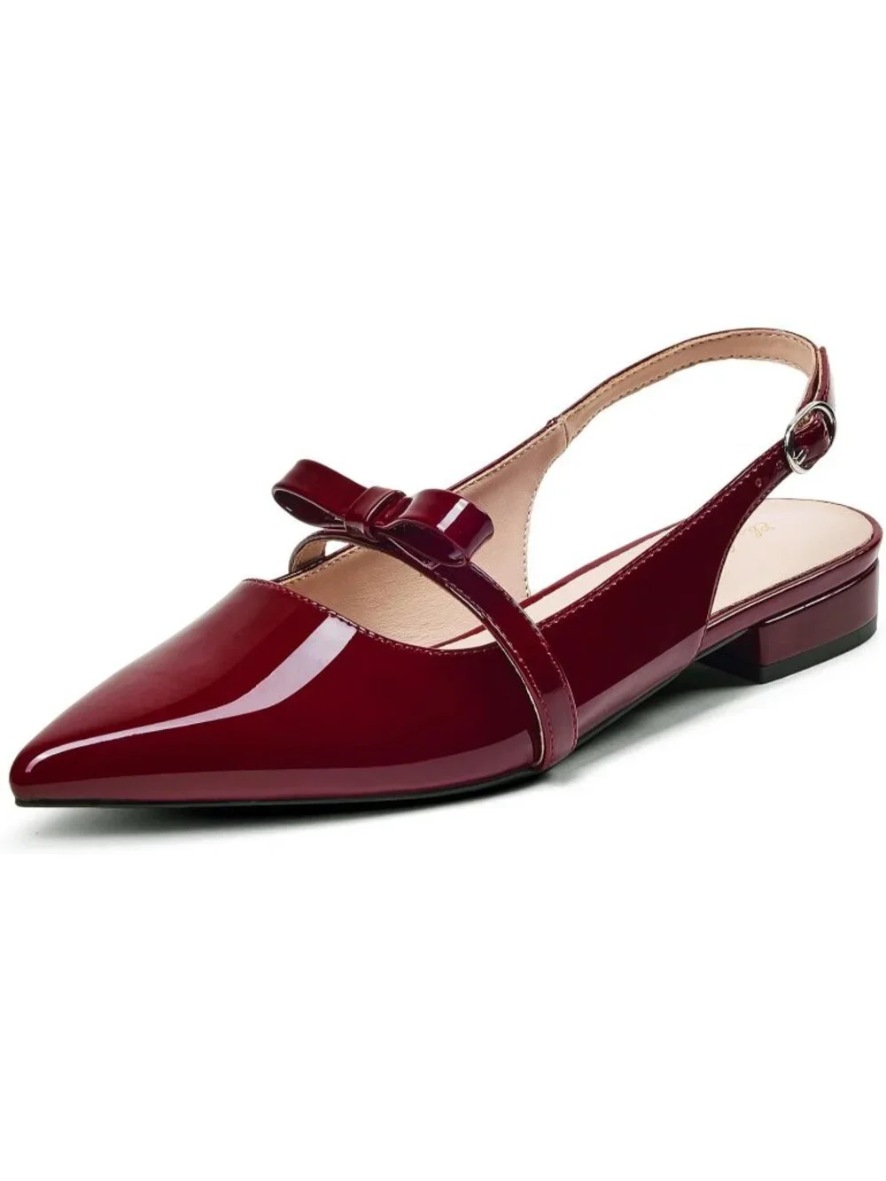 Women's Wine Red Leather Slingback Flats Rhinestone Closed Pointed Toe Shoes